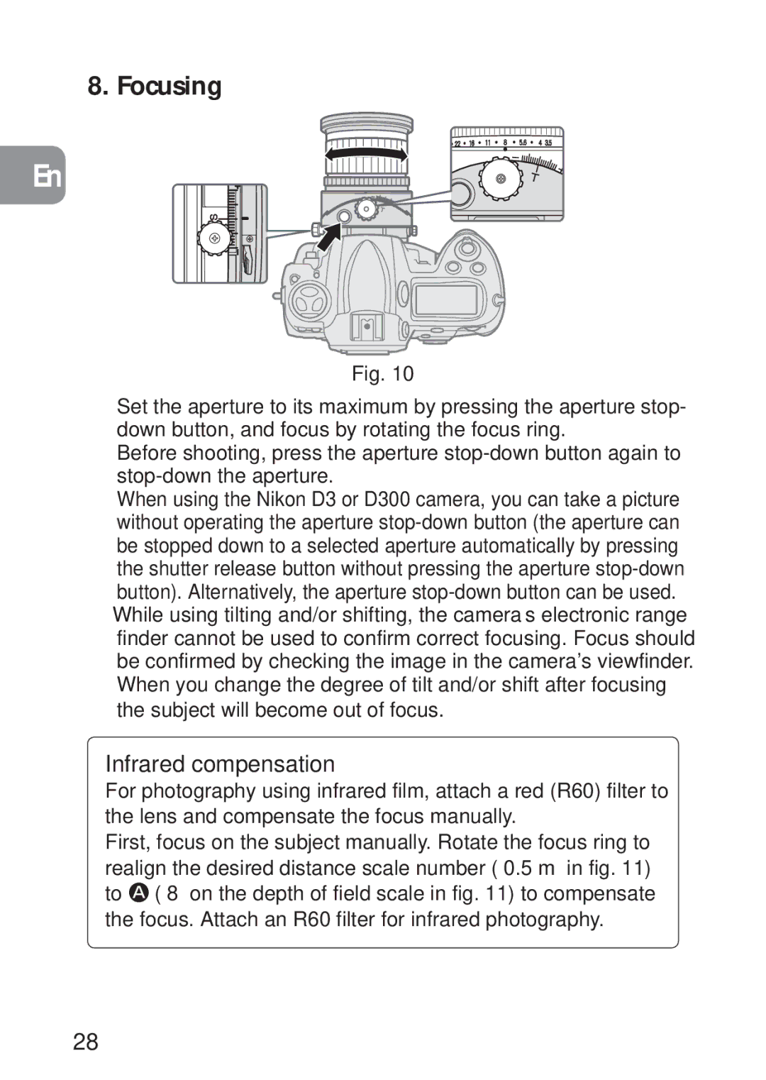 Nikon PC-E, 2168 user manual Focusing, Infrared compensation 