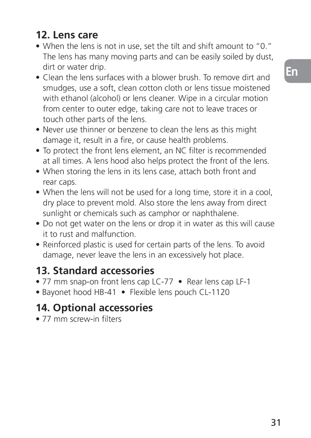 Nikon 2168, PC-E user manual Lens care, Standard accessories, Optional accessories, Mm screw-in filters 