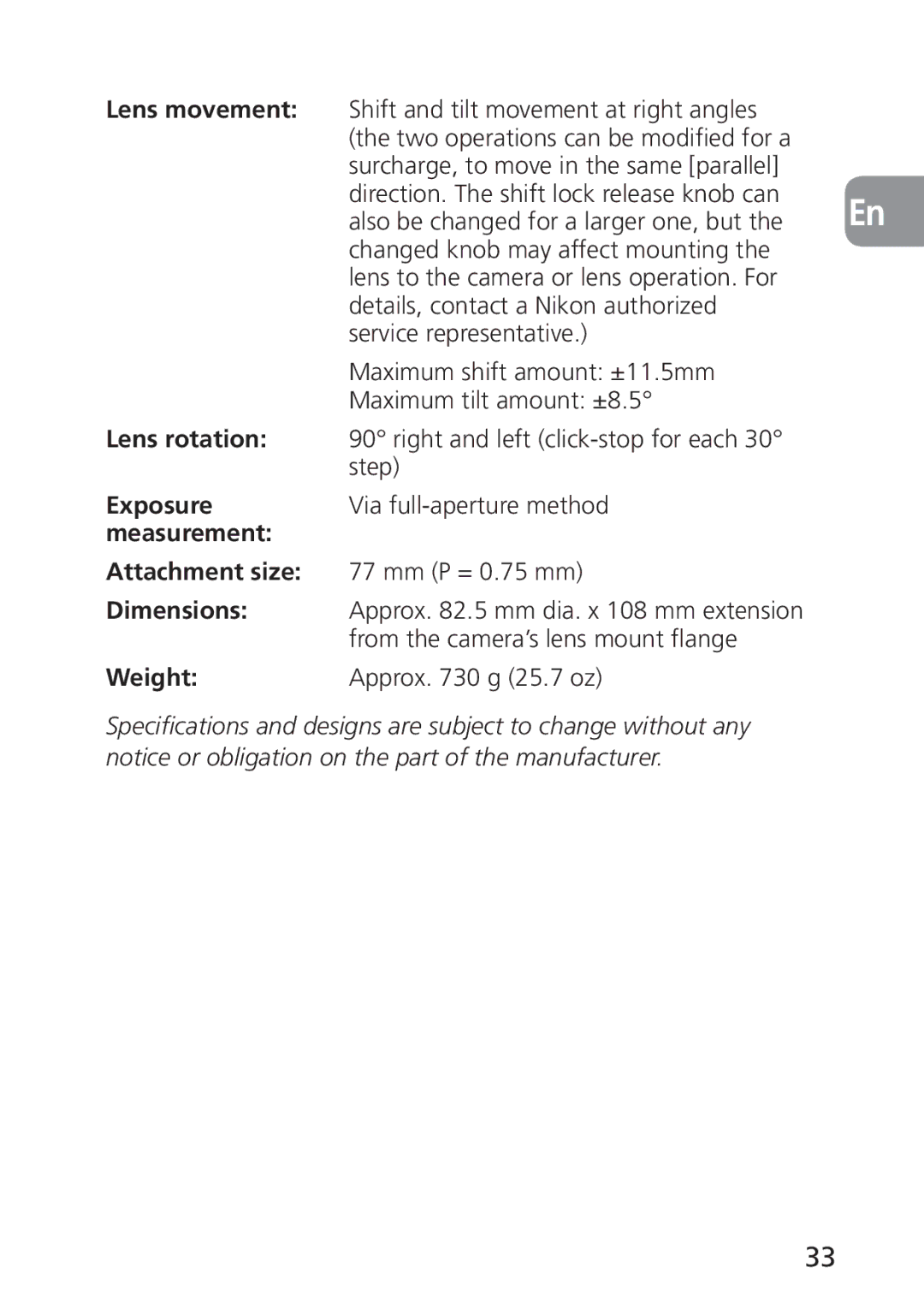 Nikon 2168, PC-E user manual Lens movement, Lens rotation, Exposure, Measurement Attachment size, Dimensions, Weight 