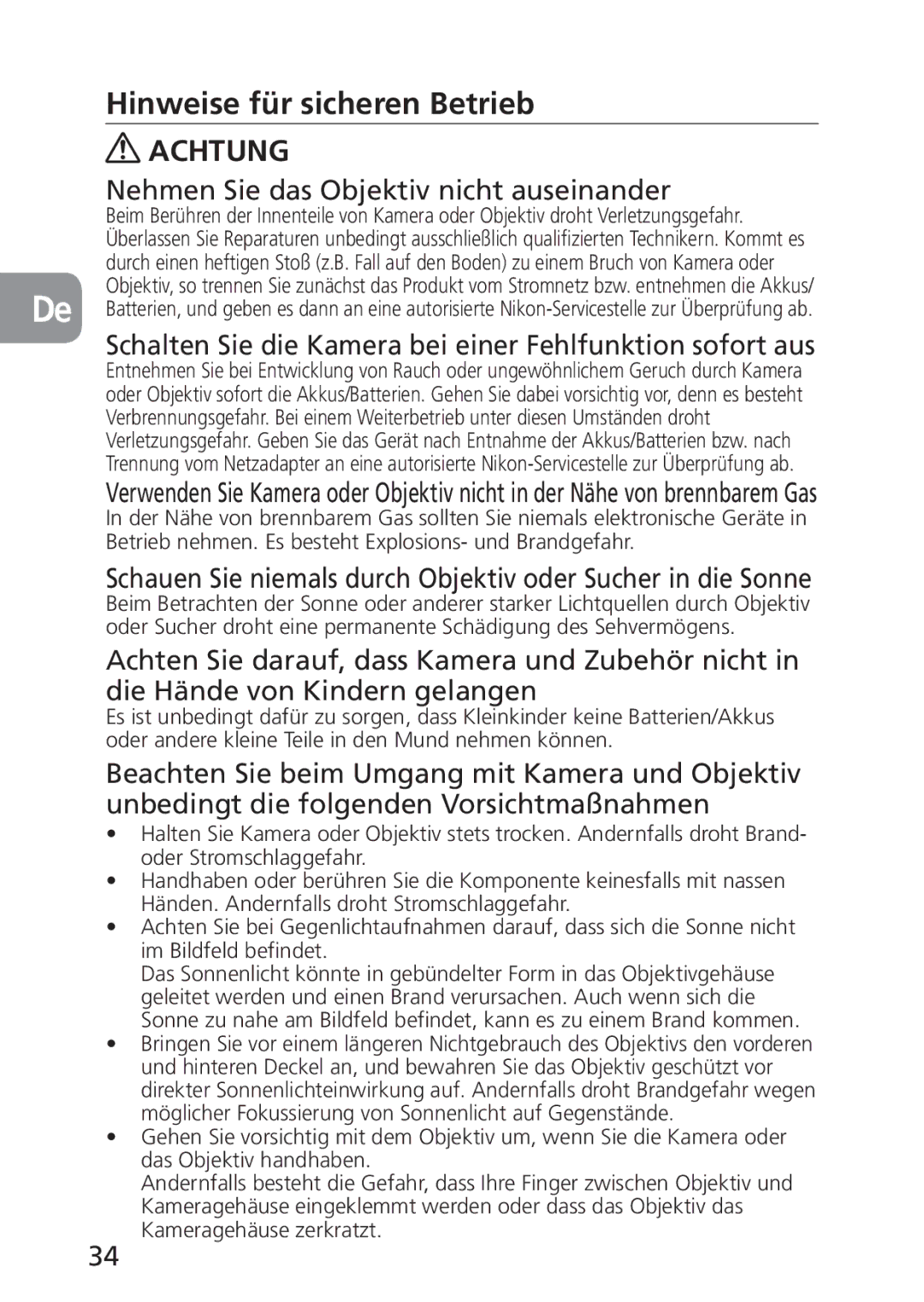 Nikon PC-E, 2168 user manual Hinweise für sicheren Betrieb, Nehmen Sie das Objektiv nicht auseinander 