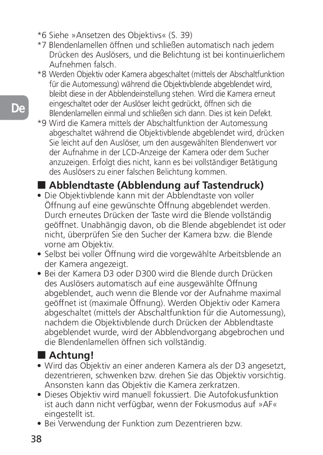 Nikon PC-E, 2168 user manual Abblendtaste Abblendung auf Tastendruck, Achtung 