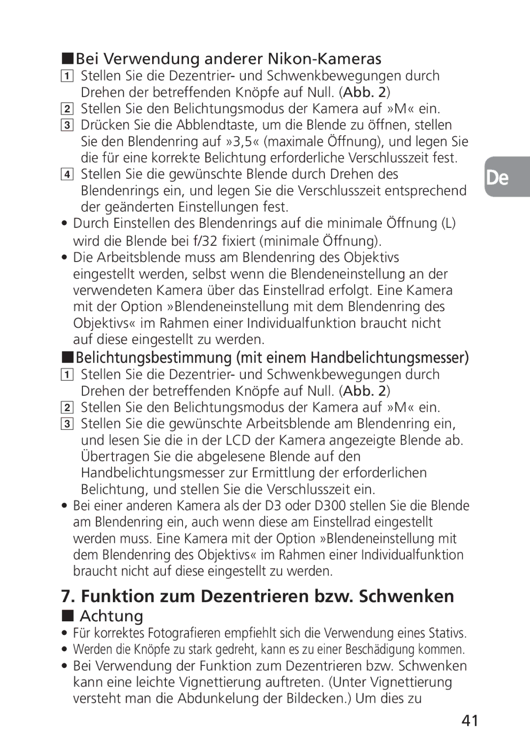 Nikon 2168, PC-E user manual Funktion zum Dezentrieren bzw. Schwenken, Bei Verwendung anderer Nikon-Kameras, Achtung 