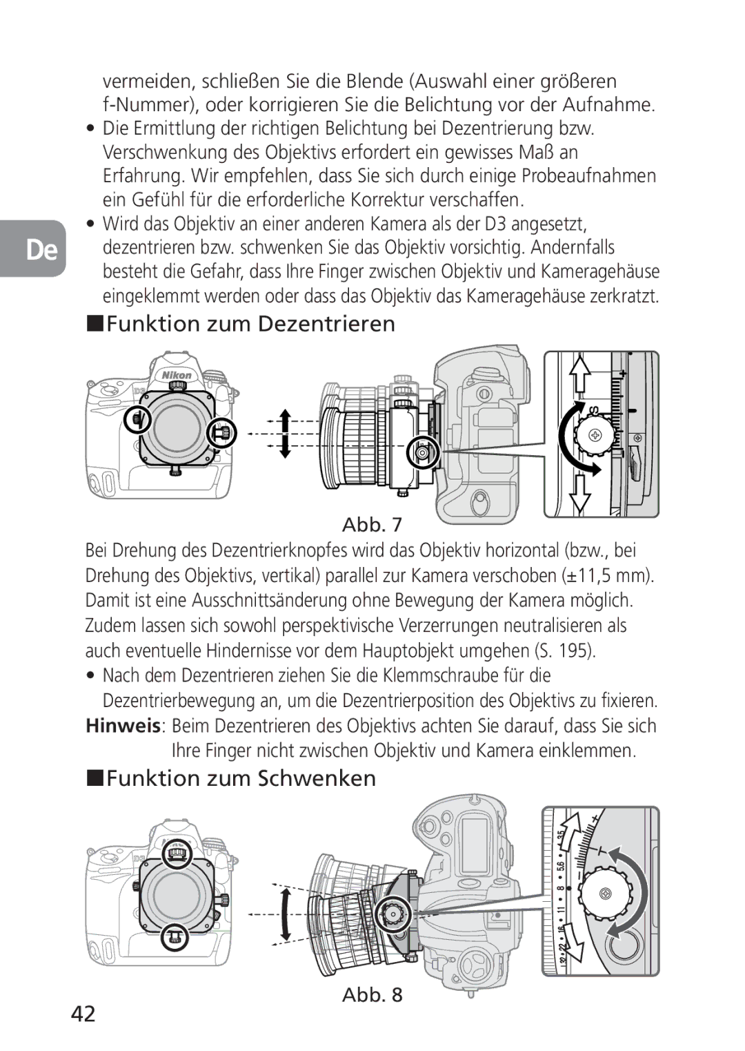 Nikon PC-E, 2168 user manual Funktion zum Dezentrieren, Funktion zum Schwenken 