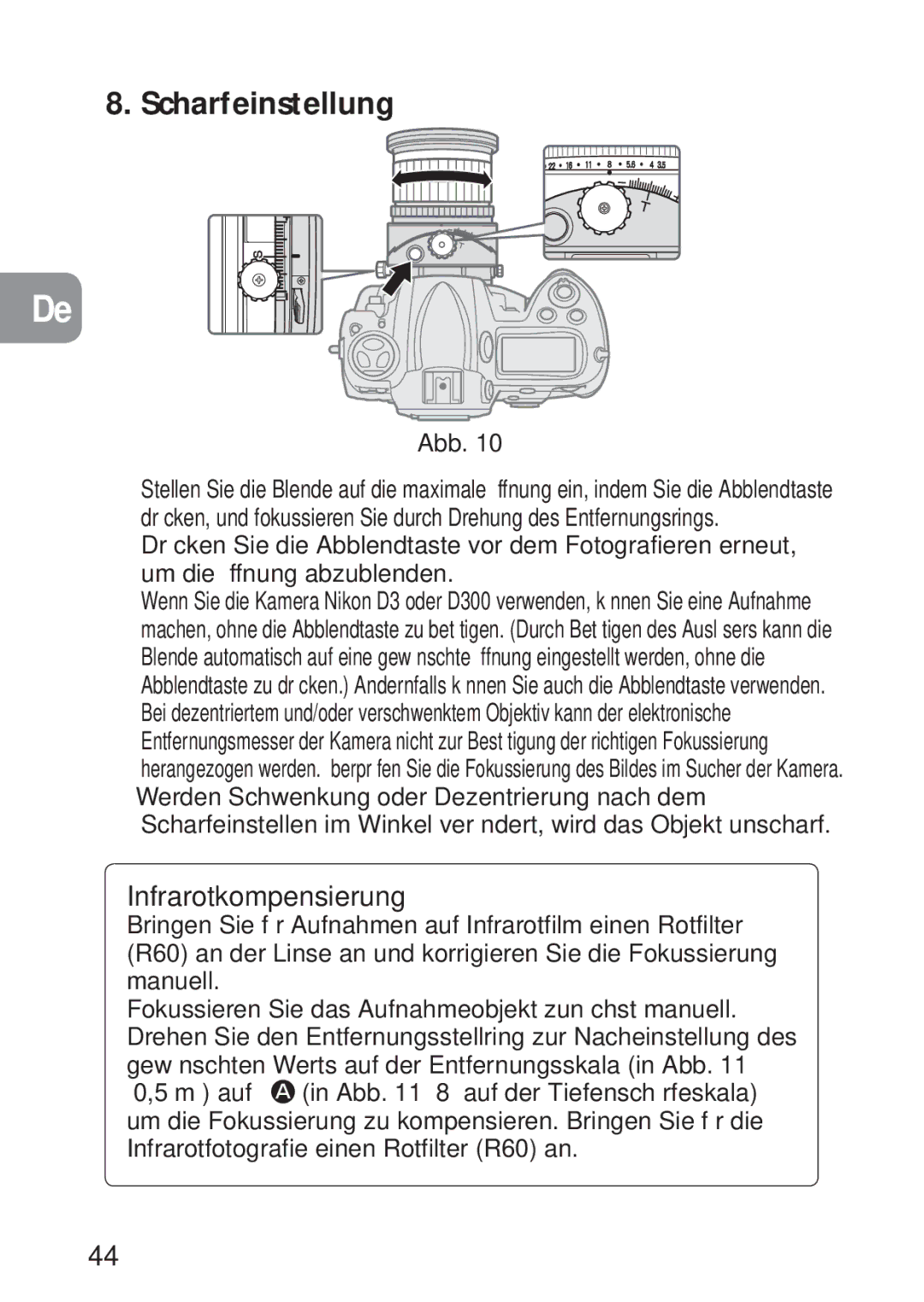 Nikon PC-E, 2168 user manual Scharfeinstellung, Infrarotkompensierung 