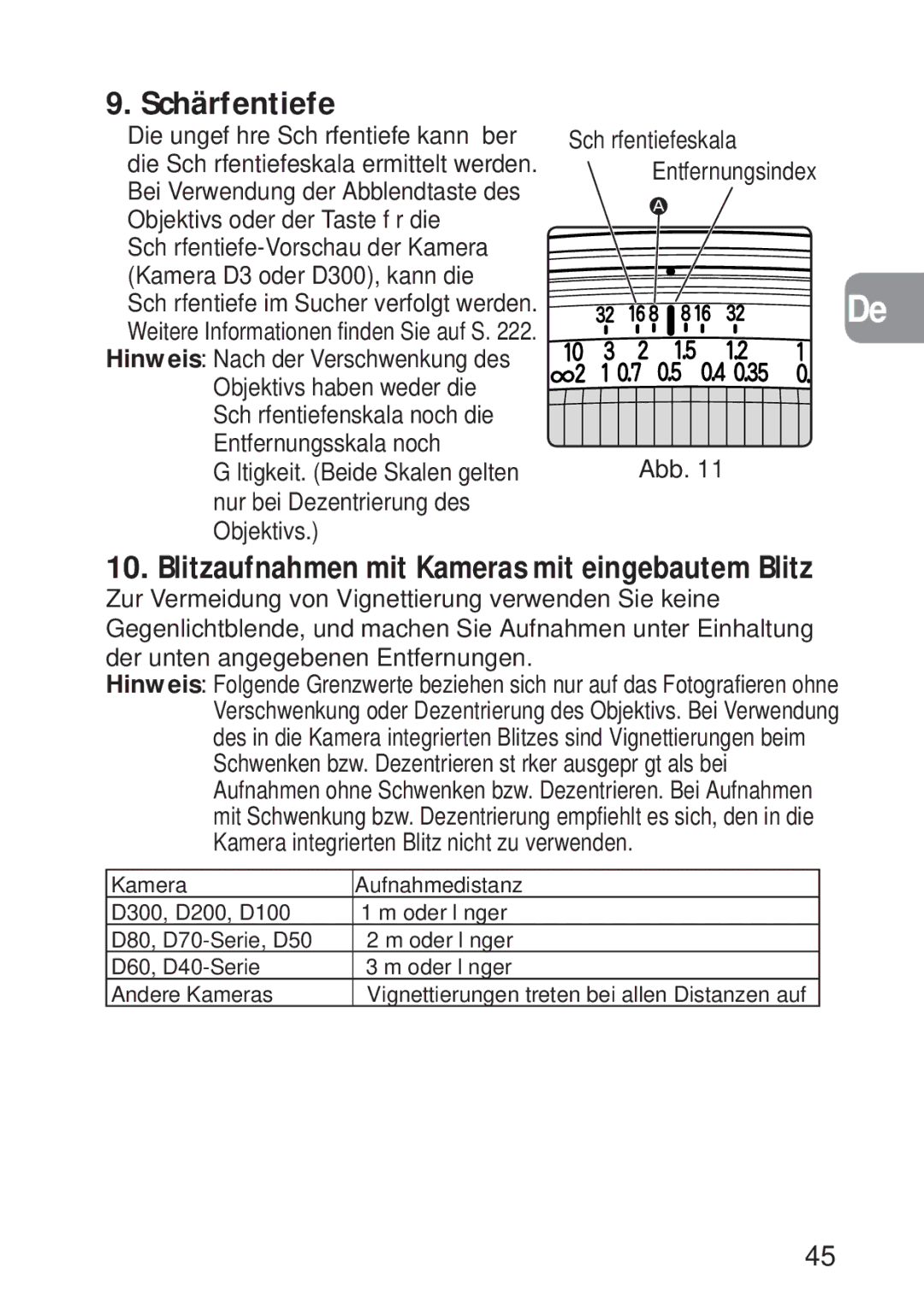 Nikon 2168, PC-E user manual Blitzaufnahmen mit Kameras mit eingebautem Blitz, Schärfentiefeskala Entfernungsindex Abb 