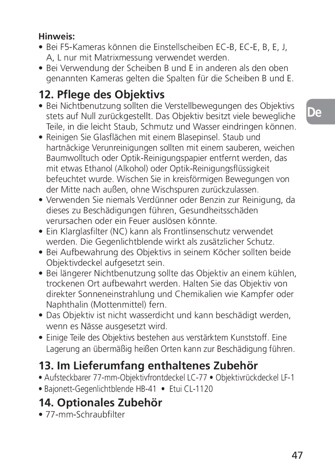 Nikon 2168, PC-E user manual Pflege des Objektivs, Im Lieferumfang enthaltenes Zubehör, Optionales Zubehör, Hinweis 