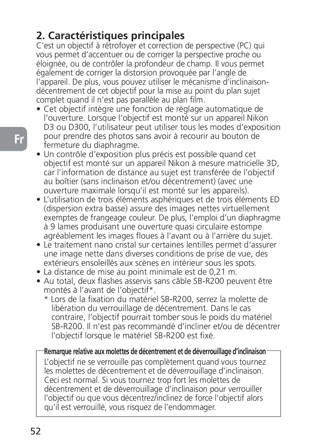 Nikon PC-E, 2168 user manual Caractéristiques principales, Fermeture du diaphragme 