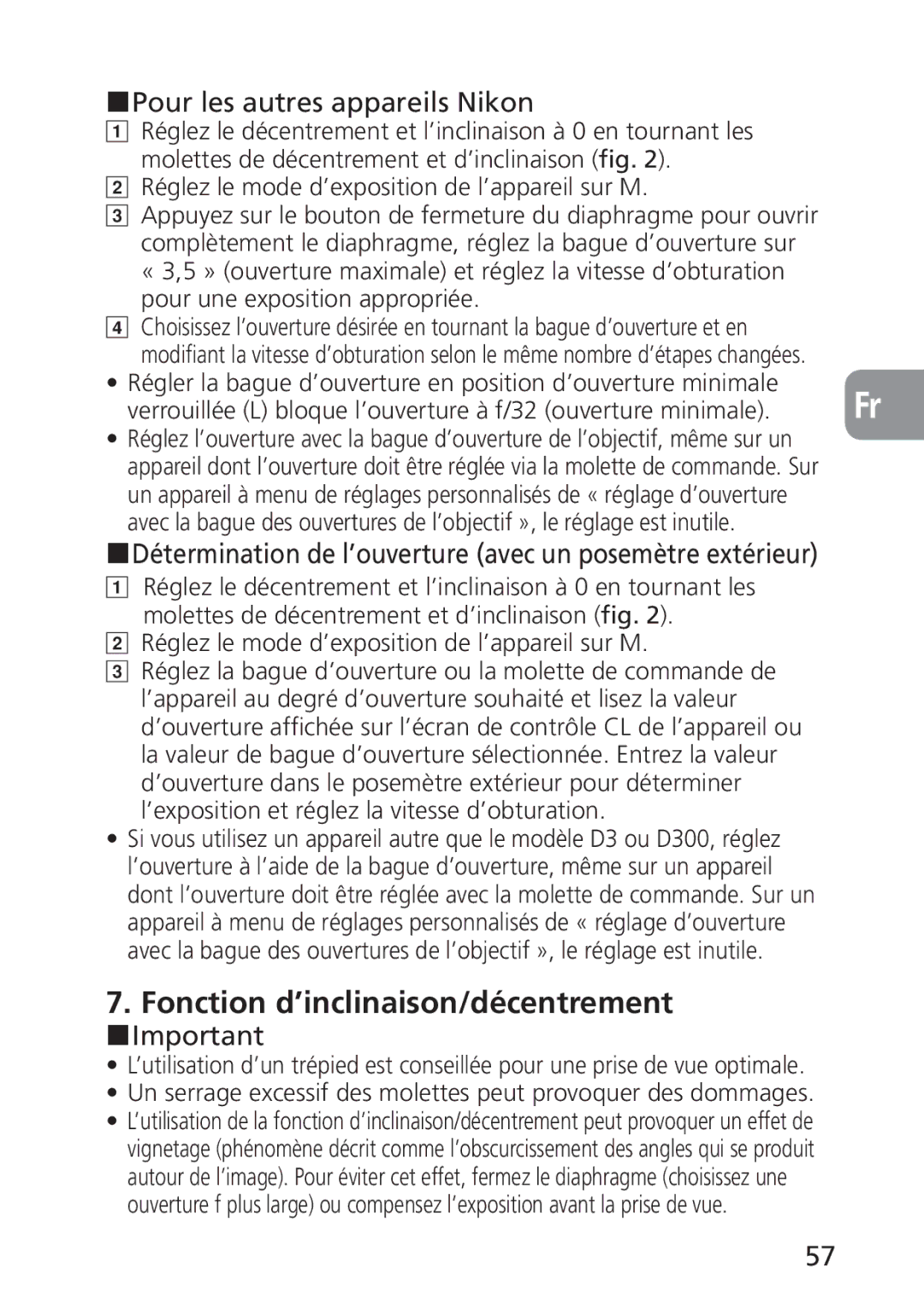 Nikon 2168, PC-E user manual Fonction d’inclinaison/décentrement, Pour les autres appareils Nikon 