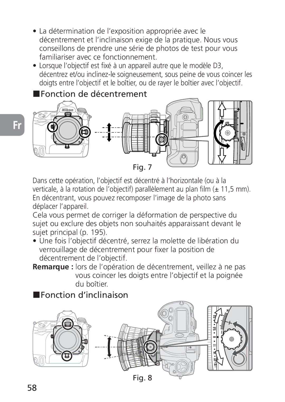 Nikon PC-E, 2168 user manual Fonction de décentrement, Fonction d’inclinaison 