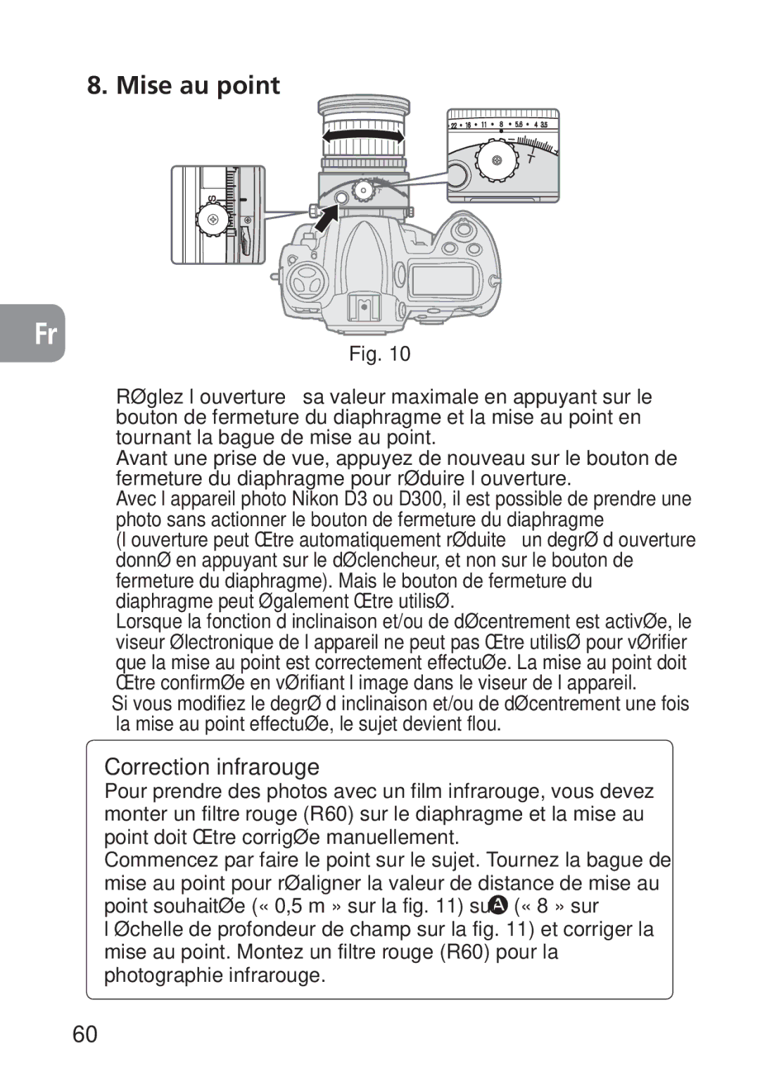 Nikon PC-E, 2168 user manual Mise au point, Correction infrarouge 