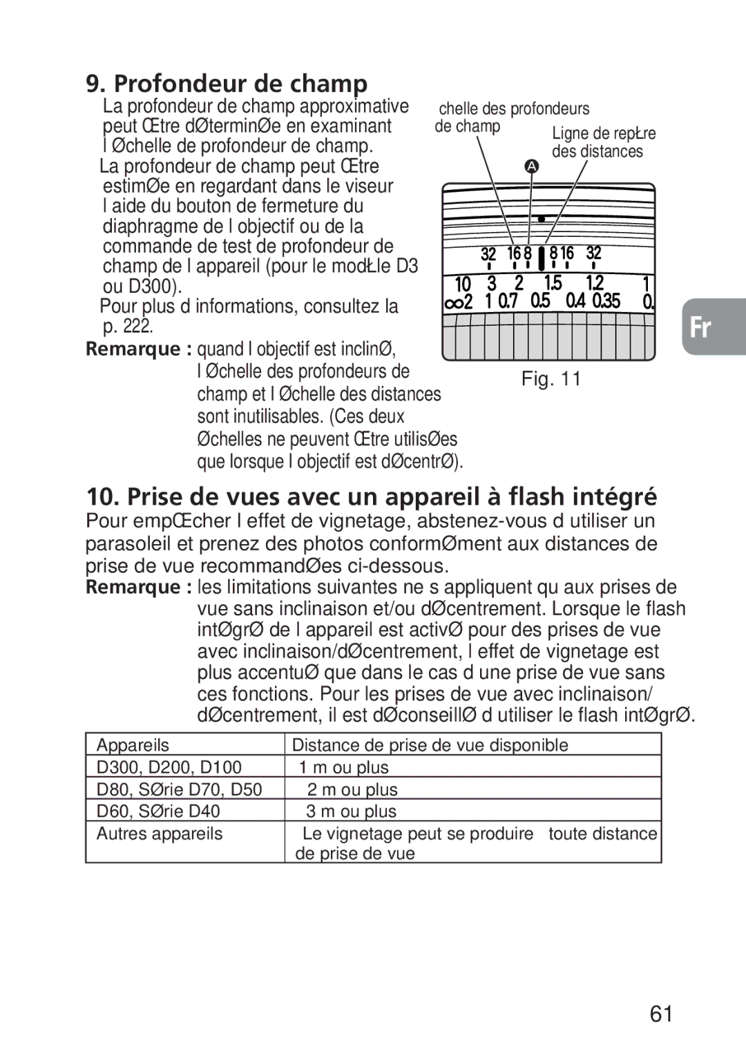 Nikon 2168, PC-E user manual Profondeur de champ, Prise de vues avec un appareil à flash intégré 