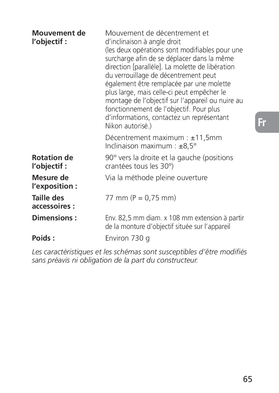 Nikon 2168, PC-E Mouvement de, ’objectif, Rotation de, Mesure de, ’exposition Taille des, Accessoires Dimensions, Poids 