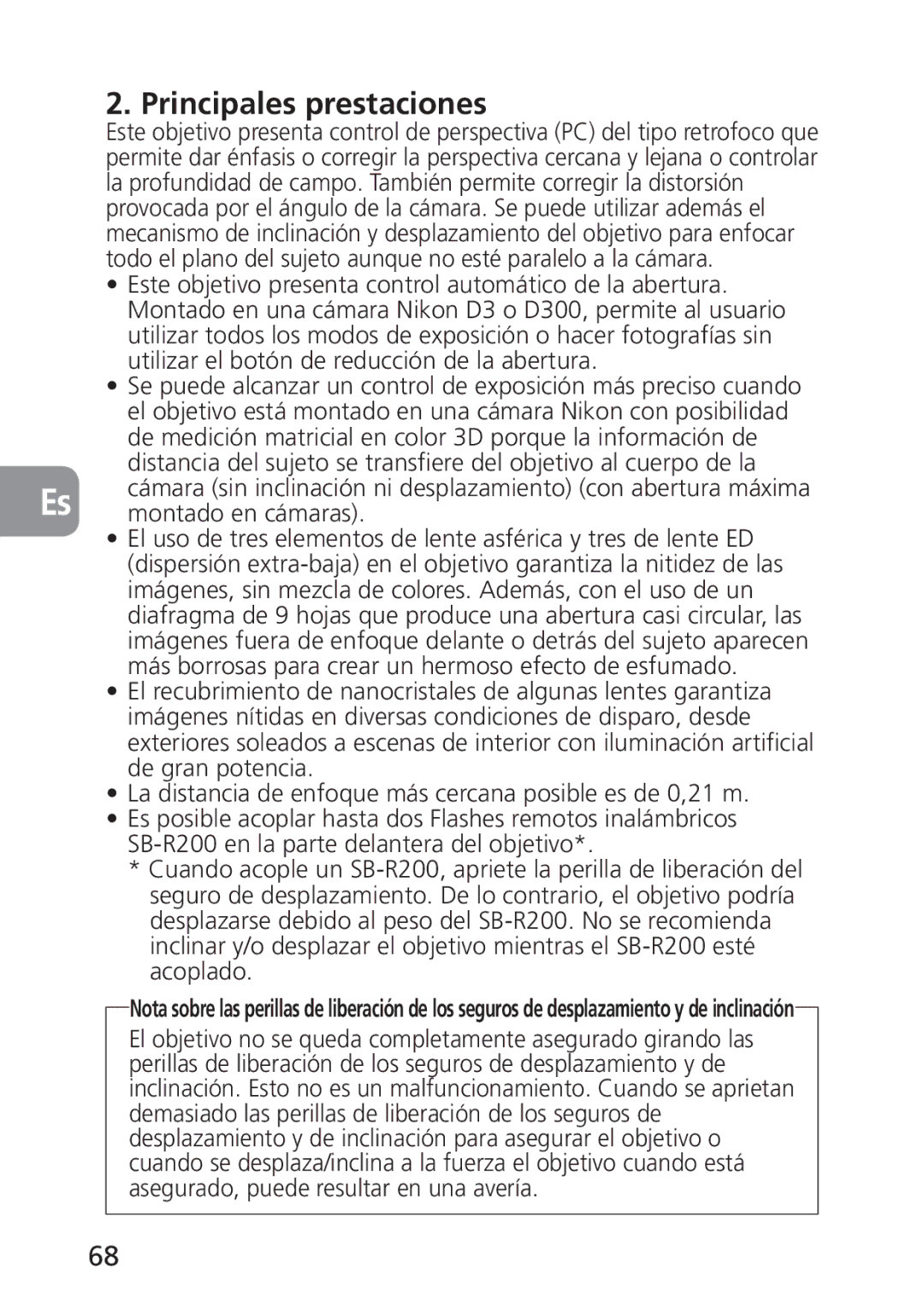 Nikon PC-E, 2168 user manual Principales prestaciones, Montado en cámaras 