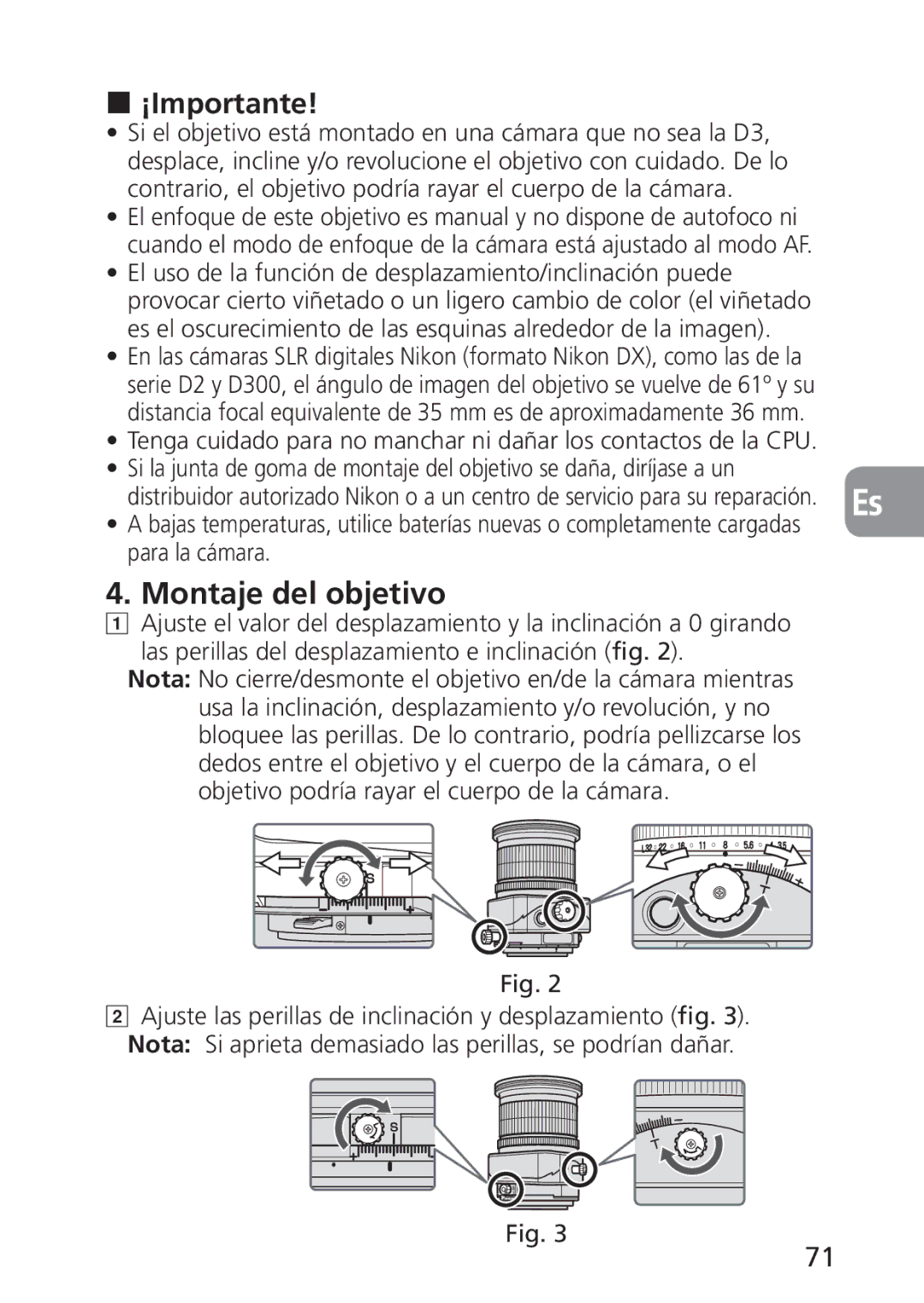 Nikon 2168, PC-E user manual ¡Importante, Montaje del objetivo 