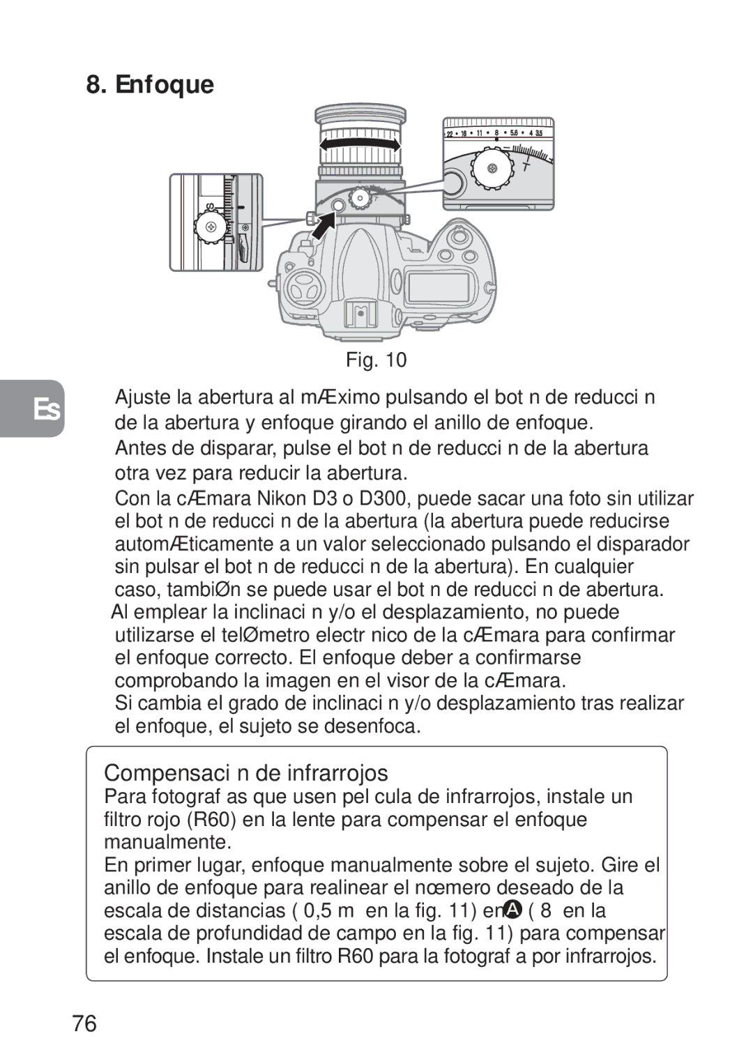 Nikon PC-E, 2168 user manual Enfoque, Compensación de infrarrojos, De la abertura y enfoque girando el anillo de enfoque 