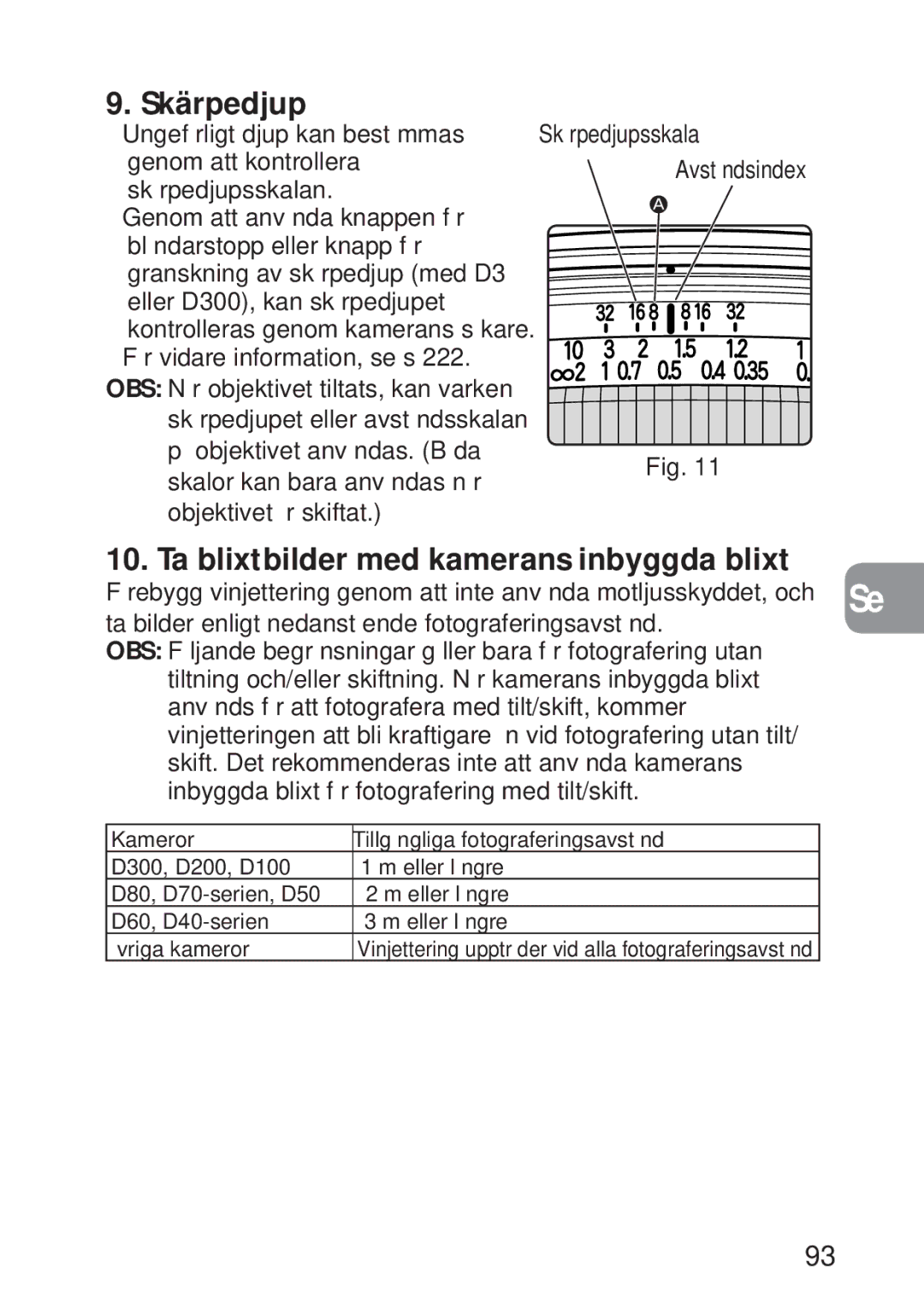 Nikon 2168, PC-E user manual Ta blixtbilder med kamerans inbyggda blixt, Skärpedjupsskala Avståndsindex 