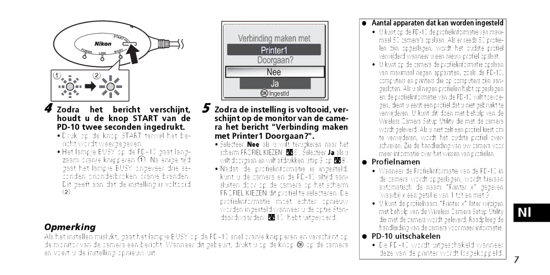 Nikon instruction manual Nee, Dit geeft aan dat de instelling is voltooid, Profielnamen, PD-10 uitschakelen 