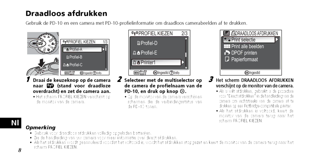 Nikon PD-10 instruction manual Draadloos afdrukken, Print selectie 