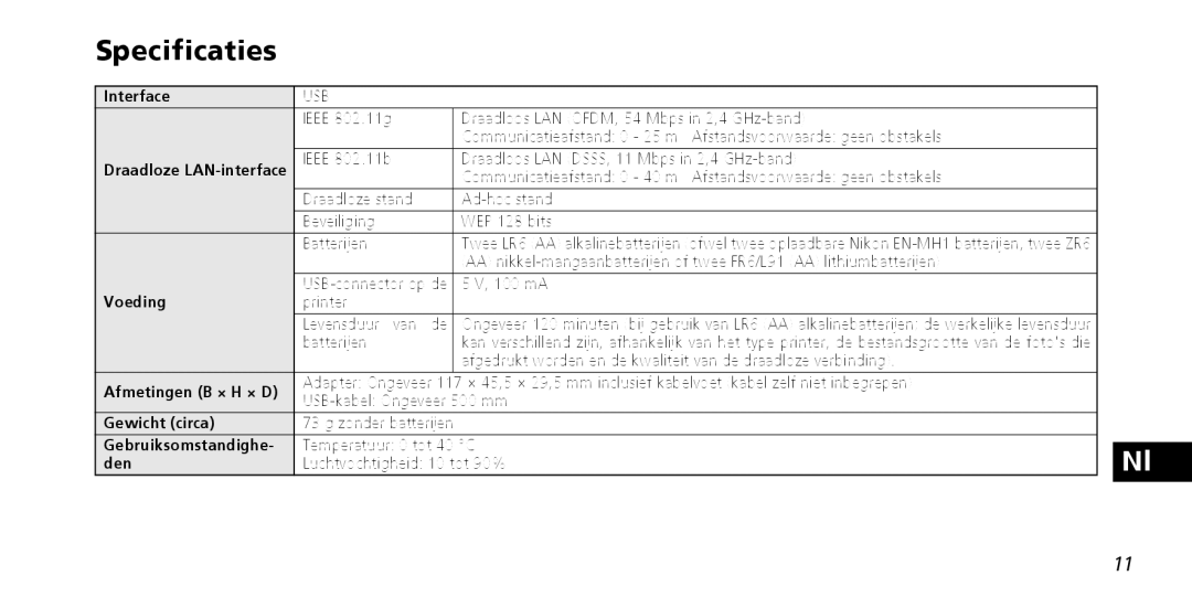 Nikon PD-10 instruction manual Specificaties 