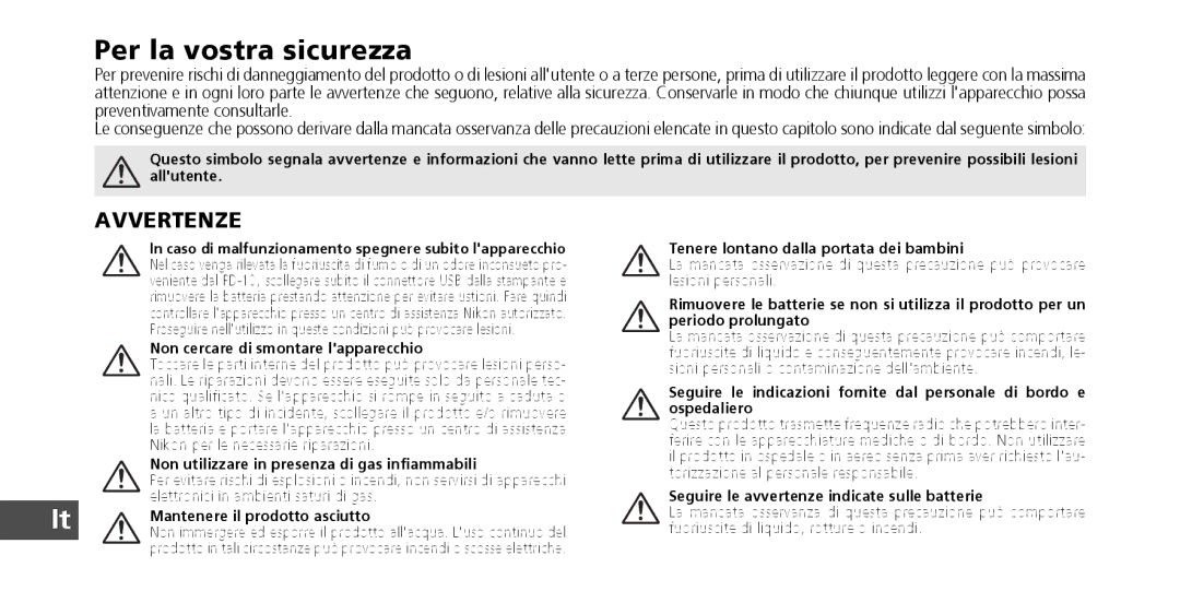 Nikon PD-10 instruction manual Per la vostra sicurezza 