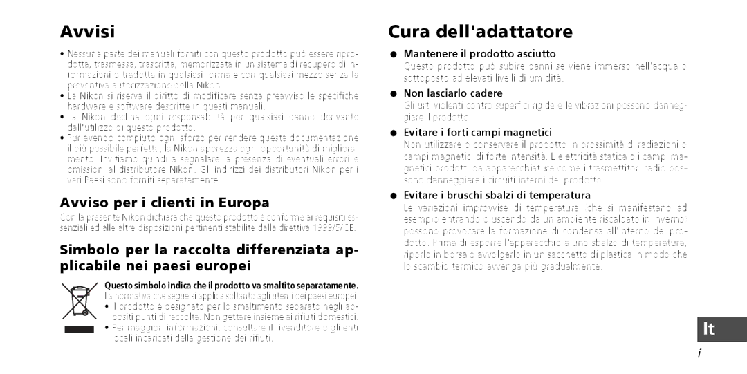 Nikon PD-10 instruction manual Avvisi, Cura delladattatore, Avviso per i clienti in Europa 