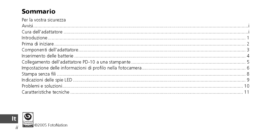 Nikon PD-10 instruction manual Sommario, Per la vostra sicurezza 