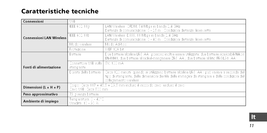 Nikon PD-10 instruction manual Caratteristiche tecniche 