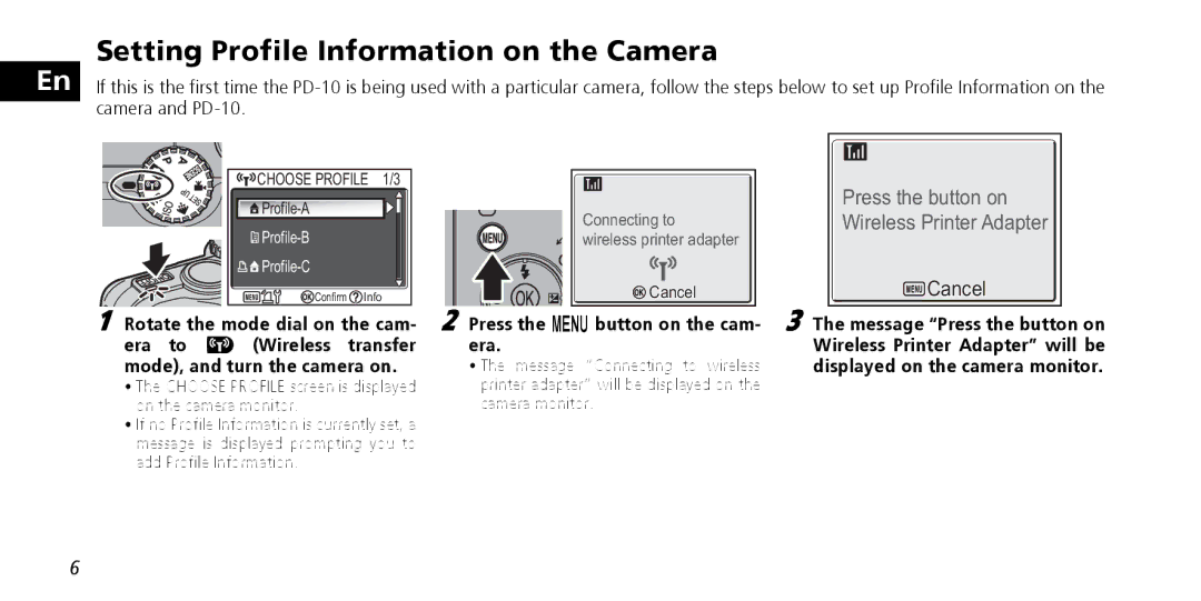 Nikon PD-10 instruction manual Setting Profile Information on the Camera, Cancel, Press the m button on the cam- era 