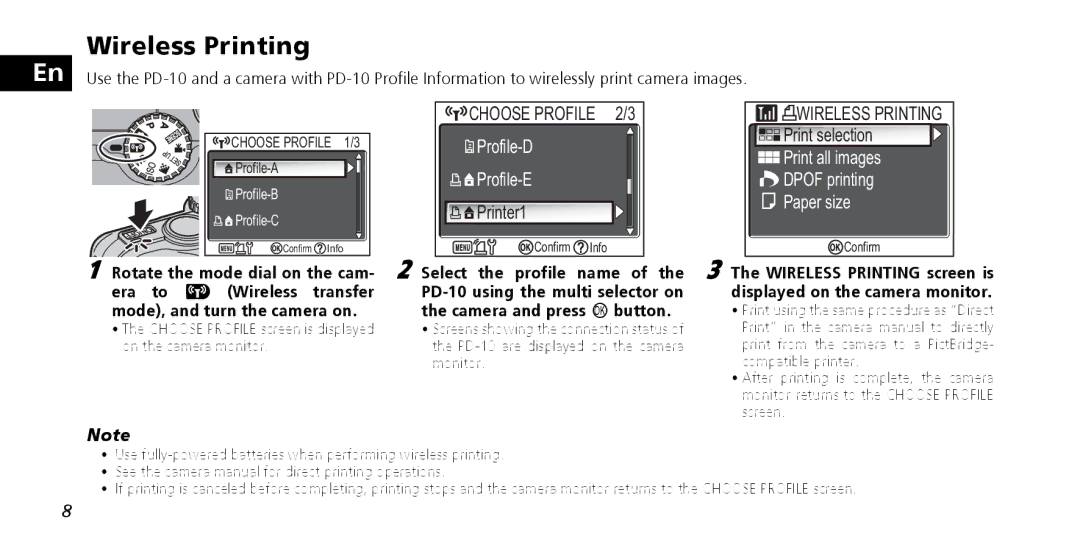 Nikon PD-10 Wireless Printing, Printer1, Print selection, Choose Profile screen is displayed on the camera monitor 