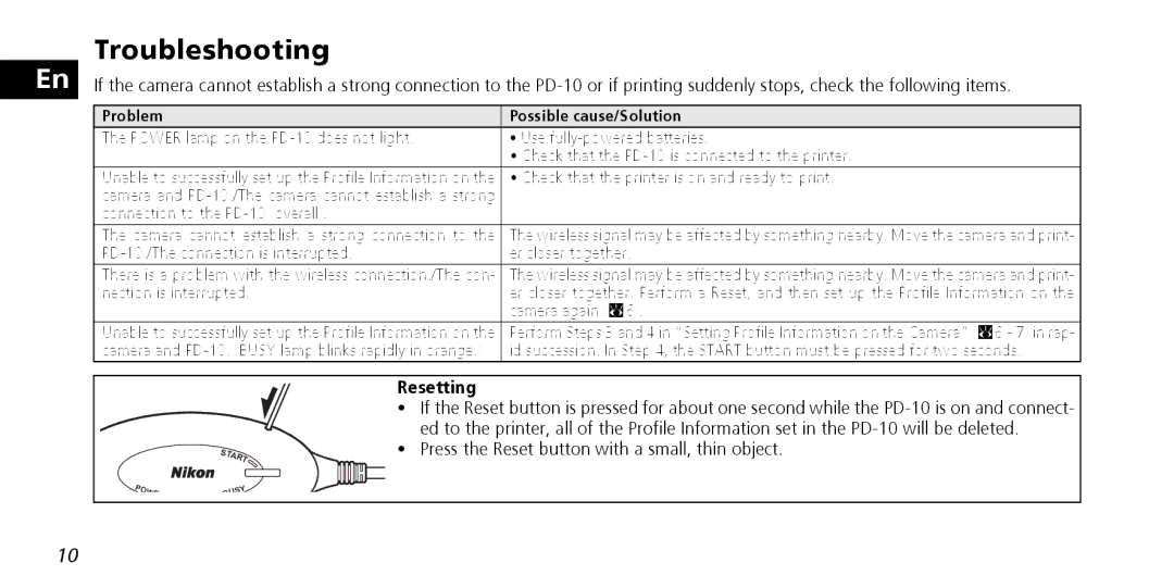 Nikon PD-10 Troubleshooting, Resetting, Problem Possible cause/Solution, Check that the printer is on and ready to print 