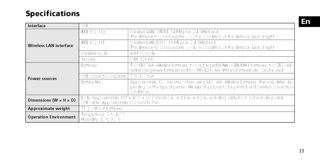 Nikon PD-10 instruction manual Specifications 