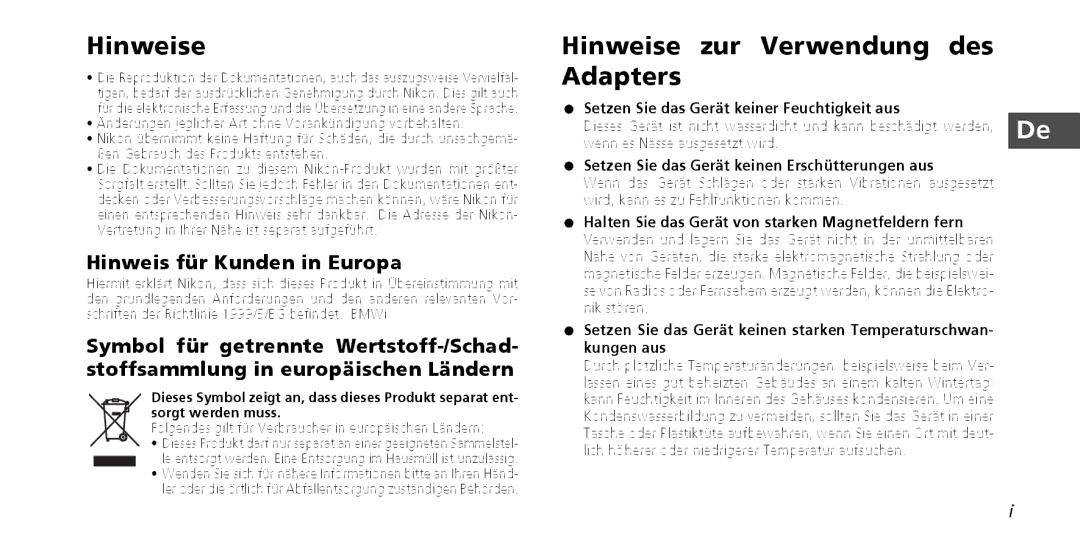 Nikon PD-10 instruction manual Hinweise zur Verwendung des Adapters, Hinweis für Kunden in Europa 