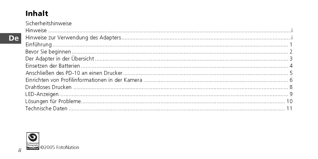 Nikon PD-10 instruction manual Inhalt, Sicherheitshinweise 