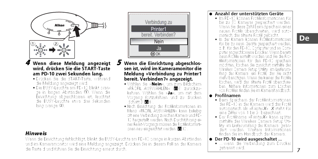 Nikon instruction manual Nein, Am PD-10 zwei Sekunden lang 