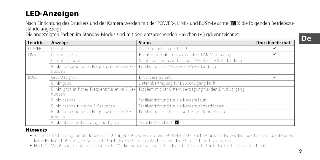 Nikon PD-10 instruction manual LED-Anzeigen, Leuchte Anzeige Status Druckbereitschaft, Leuchtet Das Gerät ist eingeschaltet 