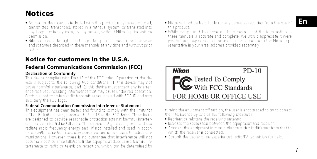 Nikon PD-10 instruction manual Federal Communications Commission FCC, Declaration of Conformity 