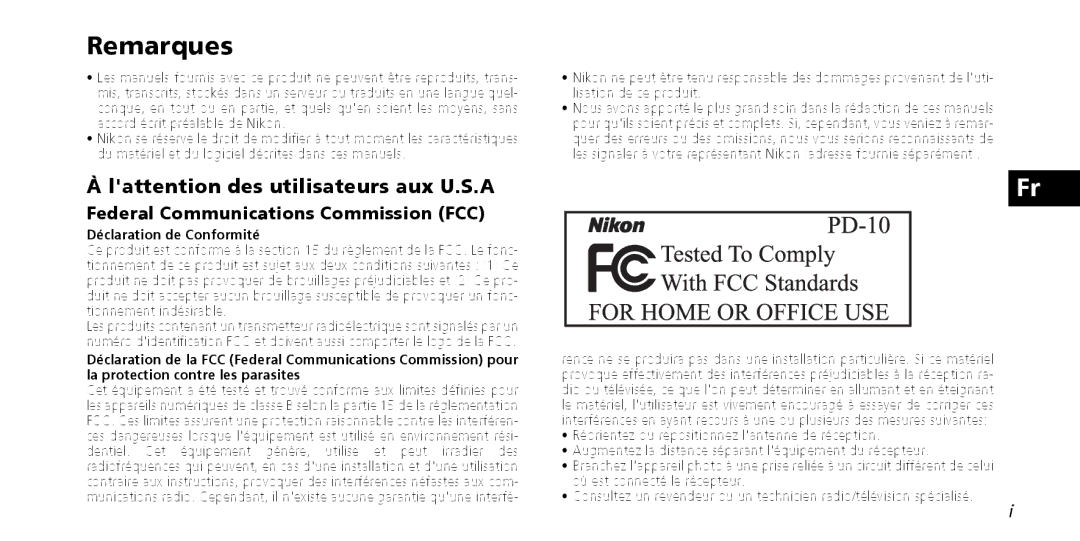 Nikon PD-10 instruction manual Remarques, Lattention des utilisateurs aux U.S.A, Déclaration de Conformité 