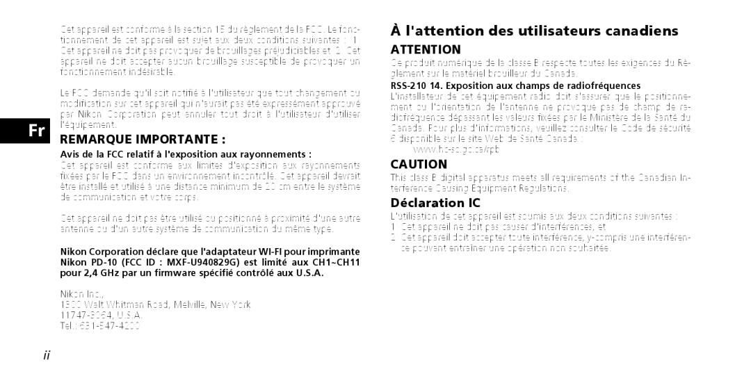 Nikon PD-10 instruction manual Lattention des utilisateurs canadiens, Fr léquipement.REMARQUE Importante, Déclaration IC 