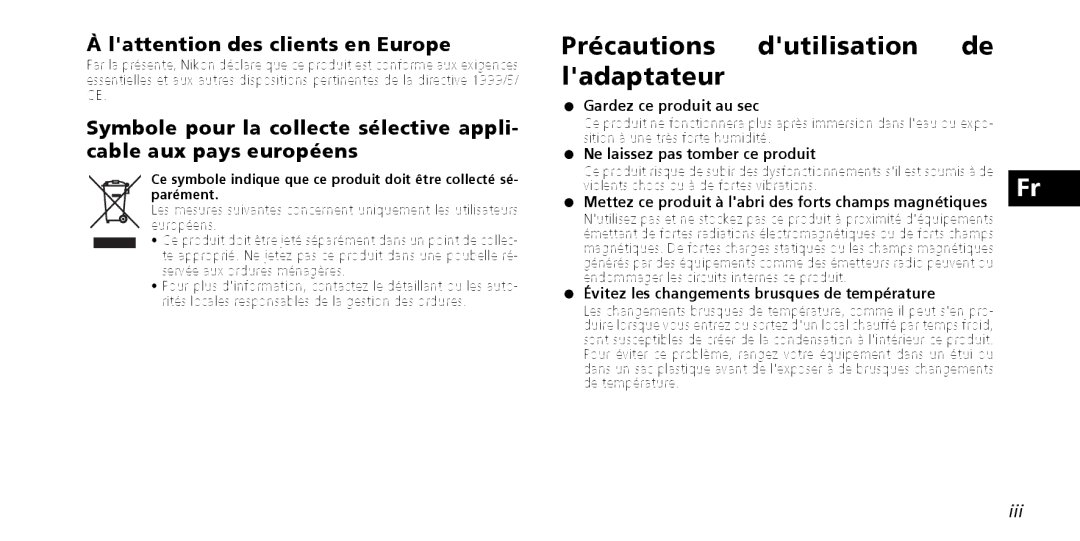 Nikon PD-10 instruction manual Précautions dutilisation de ladaptateur, Lattention des clients en Europe 