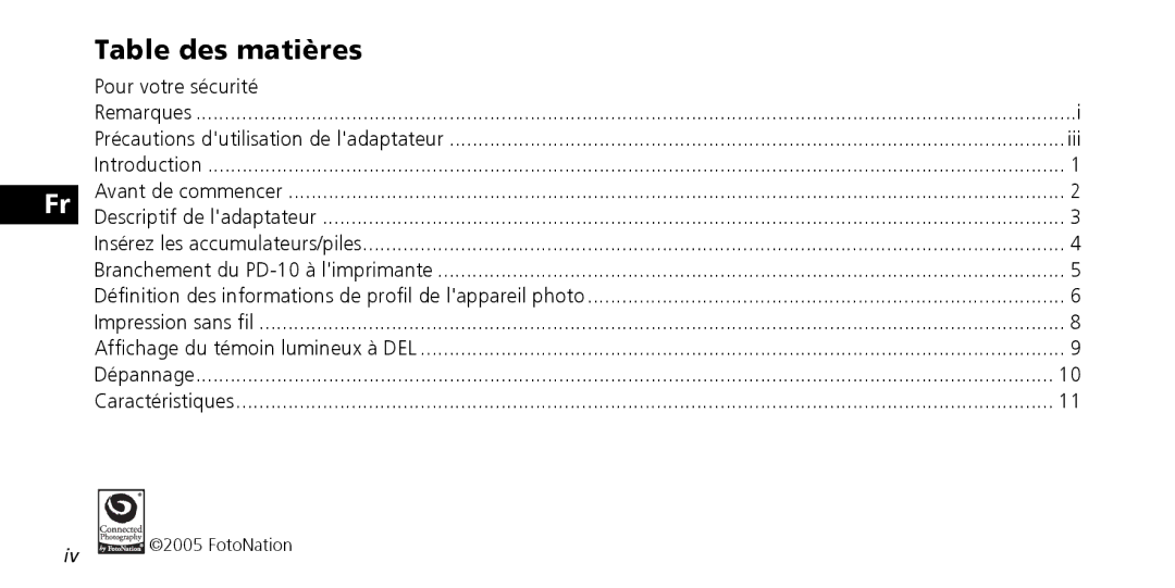 Nikon PD-10 instruction manual Table des matières, Remarques Précautions dutilisation de ladaptateur 