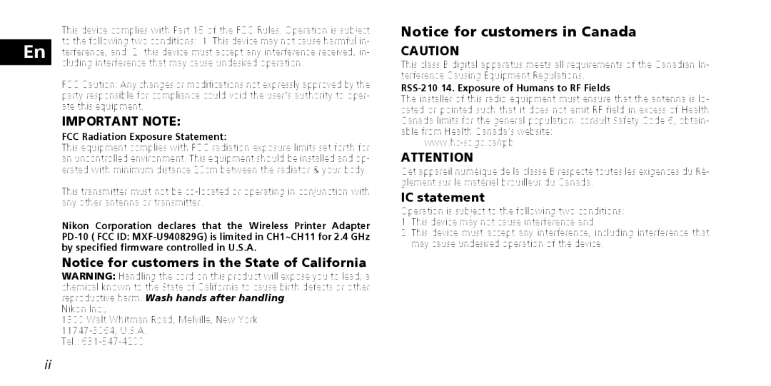 Nikon PD-10 instruction manual IC statement, FCC Radiation Exposure Statement, RSS-210 14. Exposure of Humans to RF Fields 