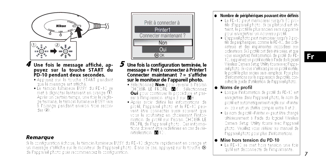 Nikon instruction manual Non, Noms de profil, Mise hors tension du PD-10 