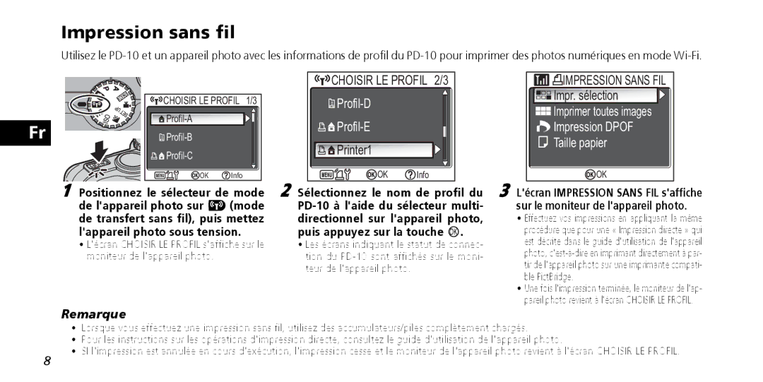 Nikon PD-10 instruction manual Impression sans fil, Impr. sélection 