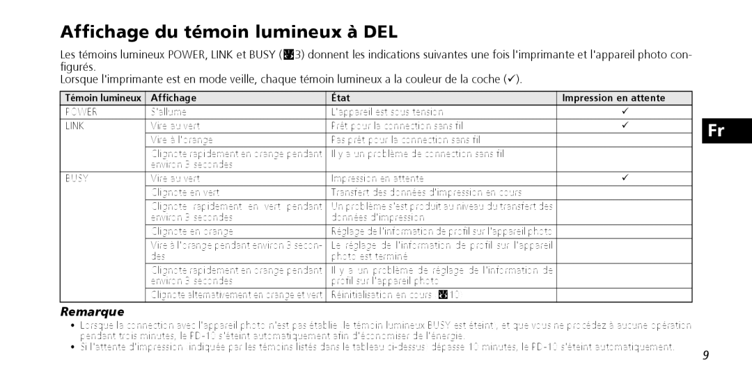 Nikon PD-10 Affichage du témoin lumineux à DEL, Affichage État Impression en attente, Sallume Lappareil est sous tension 