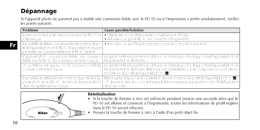 Nikon PD-10 instruction manual Dépannage, Réinitialisation, Problème Cause possible/Solution 