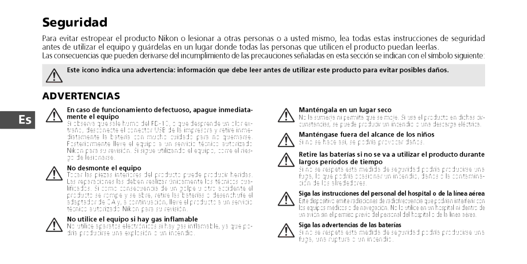 Nikon PD-10 instruction manual Seguridad 