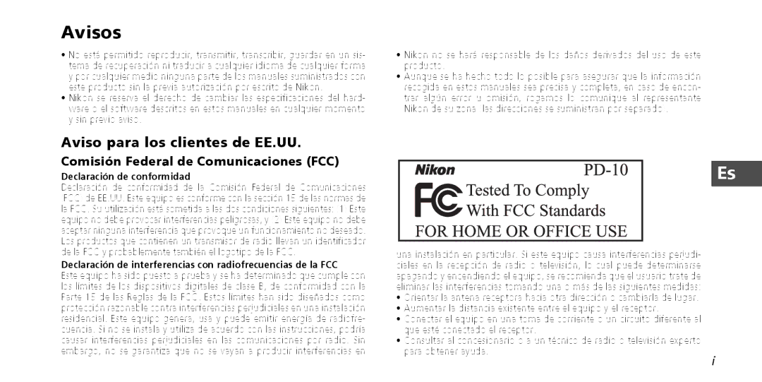 Nikon PD-10 Avisos, Aviso para los clientes de EE.UU, Comisión Federal de Comunicaciones FCC, Declaración de conformidad 