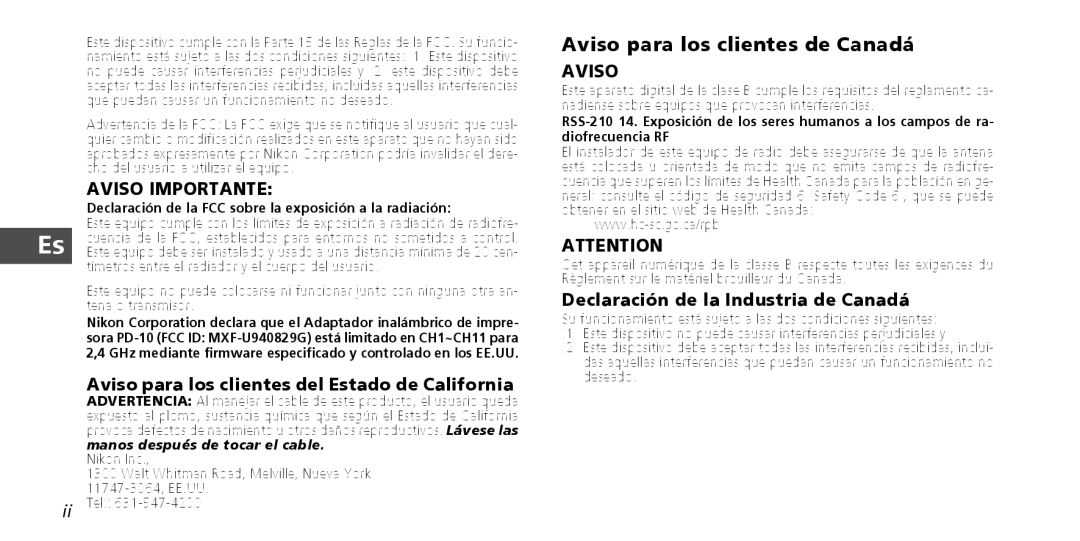 Nikon PD-10 instruction manual Aviso para los clientes de Canadá, Aviso para los clientes del Estado de California 