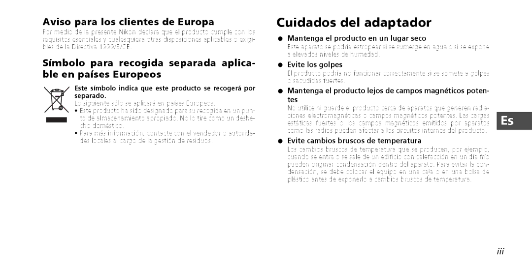 Nikon PD-10 instruction manual Cuidados del adaptador, Aviso para los clientes de Europa 