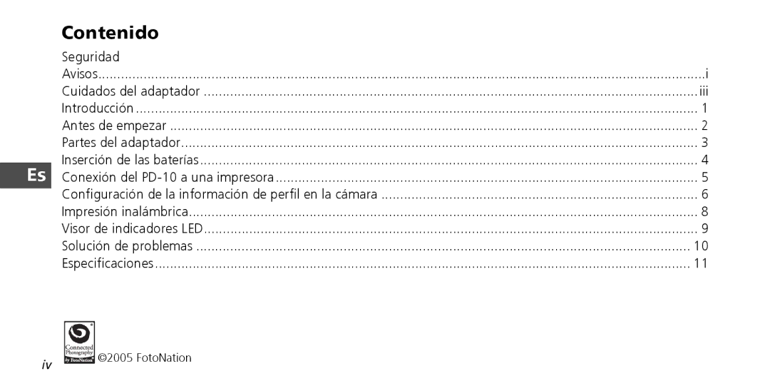 Nikon PD-10 instruction manual Contenido, Avisos Cuidados del adaptador 